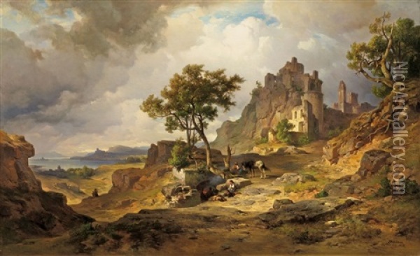 Hegaulandschaft Mit Der Ruine Hohentwiel Und Blick Auf Den Bodensee Oil Painting - Albert Emil Kirchner