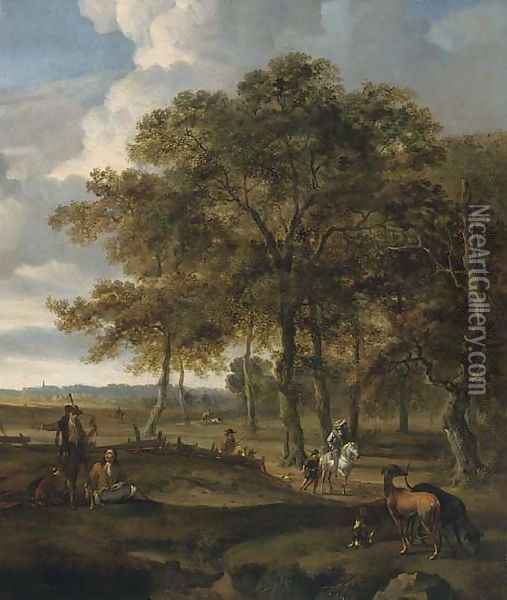 A landscape with a hawking party and hare coursing Oil Painting - Jan Wynants