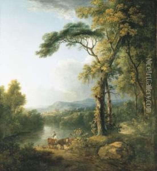 An Extensive Wooded River Landscape With A Mounted Herdsman Andcattle In The Foreground Oil Painting - George Mullins