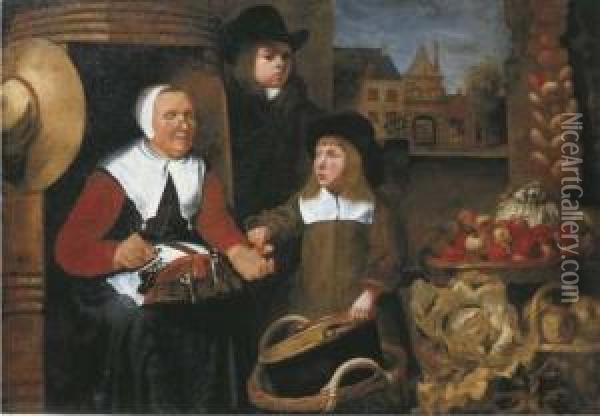 A Market Scene With Two Boys By A Vegetable Seller Making Lace, Thest. Jorispoort In Dordrecht Beyond Oil Painting - Johannes Vollevens I