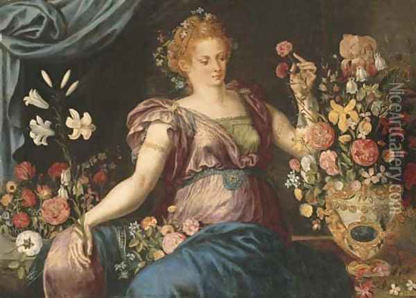 A woman seated with ornamental vases of flowers Oil Painting - Frans Floris