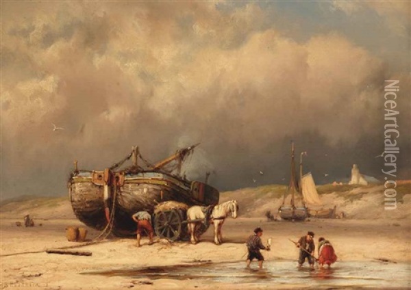 A Bomschuit On The Beach Oil Painting - Johannes Hermanus Barend Koekkoek