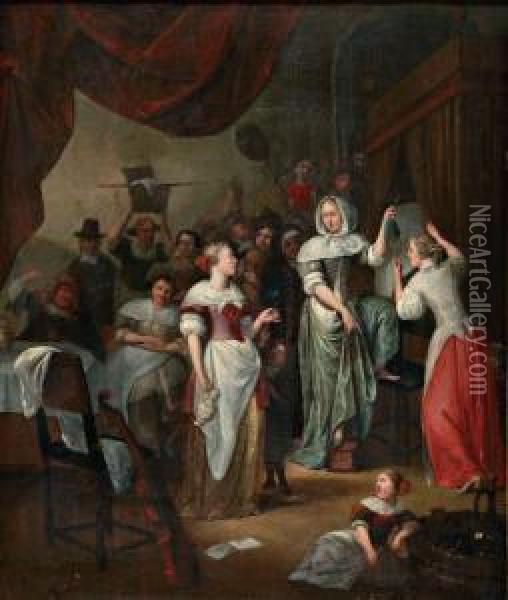 Binnenhuis Met Vele Figuren En Elegante Vrouwen Bij Een Bedstede Oil Painting - Richard Brakenburgh
