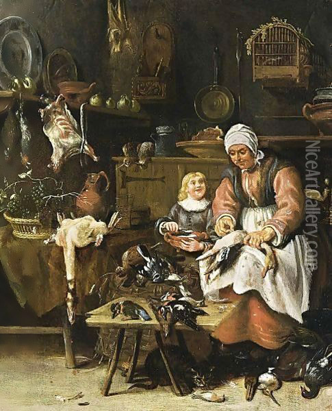 A Kitchen Interior With A Maid Plucking A Duck And A Little Boy Eating Porridge Oil Painting - Sybrand Van Beest