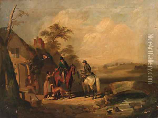 Travellers taking refreshments by a cottage Oil Painting - English School