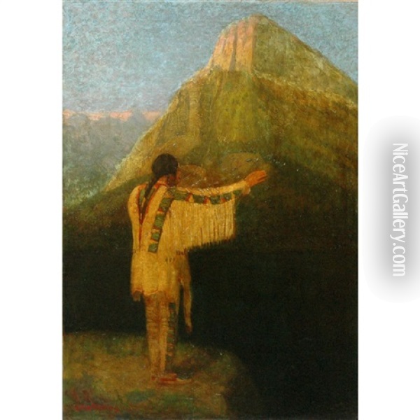 Indian At The Edge Of A Canyon Oil Painting - Edwin Willard Deming