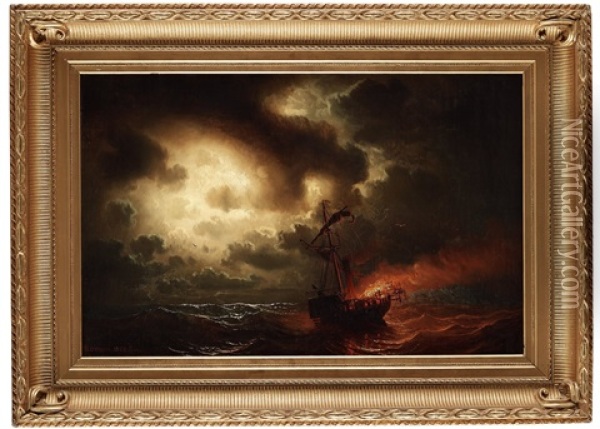 A Burning Ship Oil Painting - Marcus Larsson