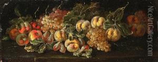 Peaches, Apples, Pears And 
Grapes On A Stone Ledge; And Grapes, Pears, Apples And A Melon On A 
Stone Ledge Oil Painting - Bartolomeo Castelli Spadino