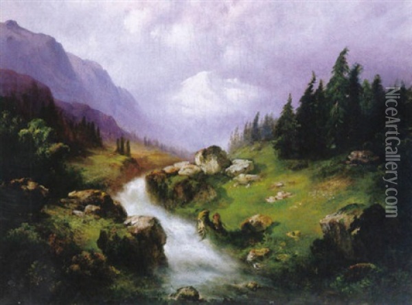 Wildbach In Den Alpen Mit Aufragendem, Schneebedecktem Massiv Oil Painting - Bernhard Stange