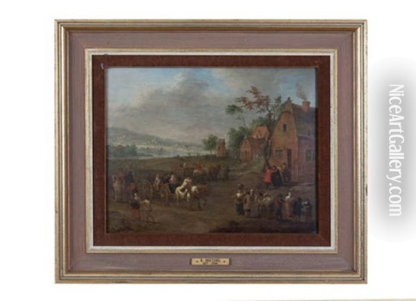 Dutch Village Scene With Figures, Wagons And Riders Oil Painting - Karel Breydel