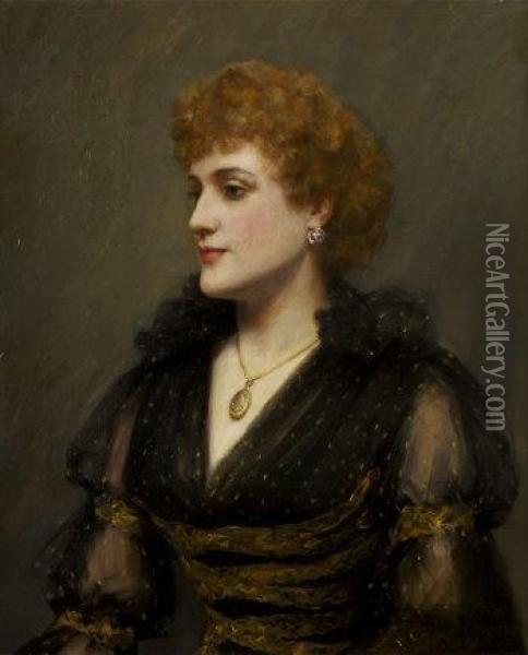 Portrait Of Lady In A Black And Gold Chiffon Dress, Wearing A Locket Oil Painting - Sarah Cecilia Harrison