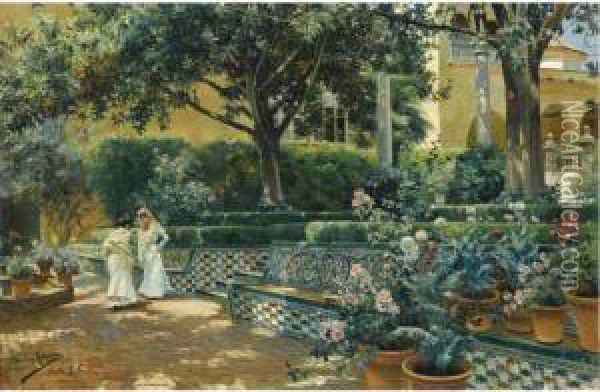 Jardin De Los Reales Alcazares De Sevilla (gardens Of Thealcazar Oil Painting - Manuel Garcia y Rodriguez