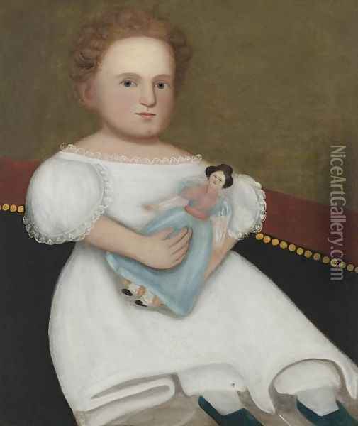 Portrait of a Little Girl with Doll Seated on a Sofa Oil Painting - Zedekiah Belknap