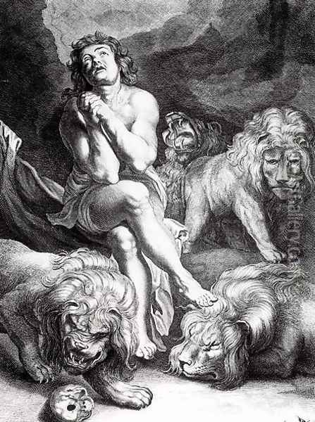 Daniel in the Lions Den, engraved by Abraham Blooteling 1640-90 Oil Painting - Peter Paul Rubens