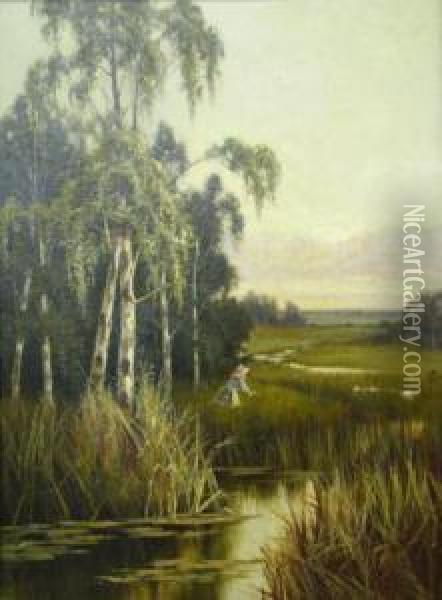 A Lady In A Marsh Oil Painting - Theodore Hines