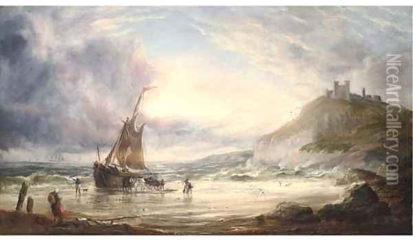 Unloading the days catch, Whitby Bay Oil Painting - Thomas Rose Miles