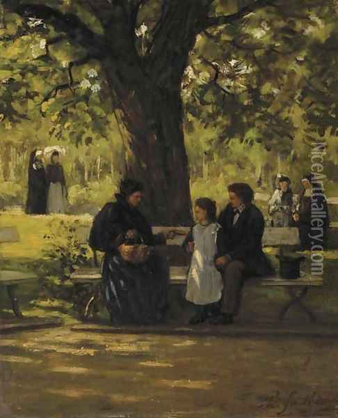 On a park bench Oil Painting - Philippe Lodowyck Jacob Sadee
