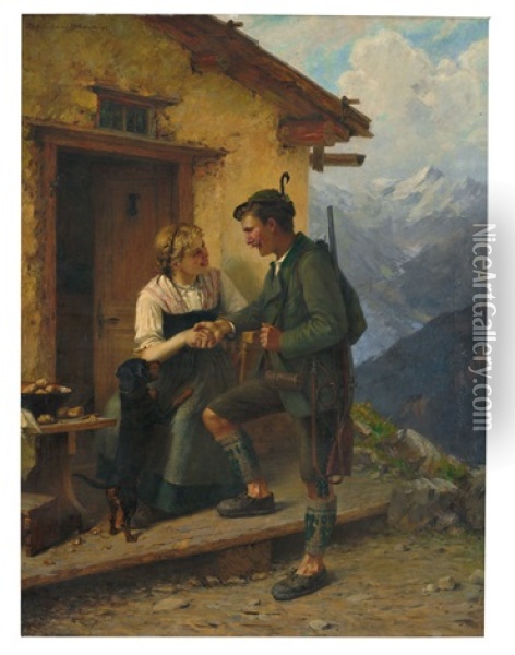 Besuch Des Jagers Bei Der Sennerin Oil Painting - Theodor Kleehaas
