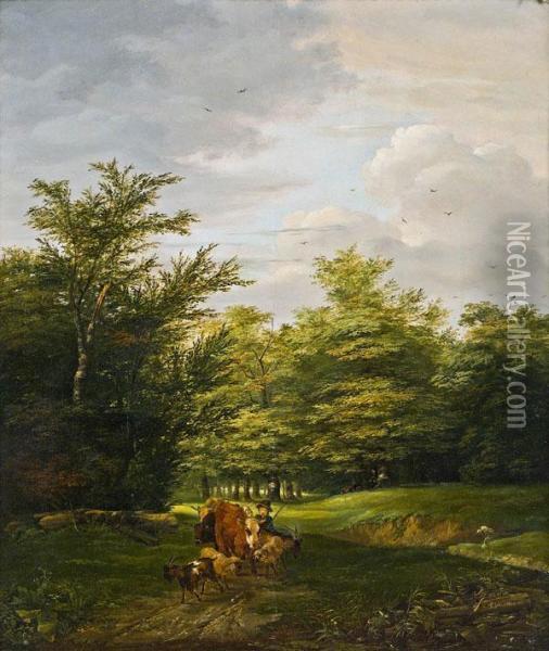 Landschaft Mit Knaben Und Tieren Oil Painting - Friedrich Gauermann