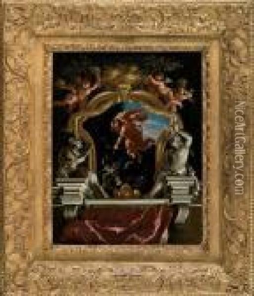 Etude De Plafond Avec Apollon Tuant Le Serpent Python Oil Painting - Cirlce Of Filippo Lauri