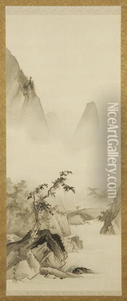 Mountain Landscape With Peasant Figure And River Oil Painting - Hashimoto Gaho