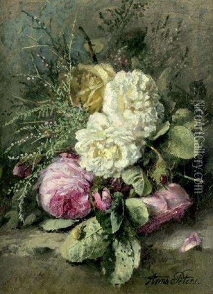 Blumenstilleben Mit Teerosen Und Schnecke Oil Painting - Anna Peters