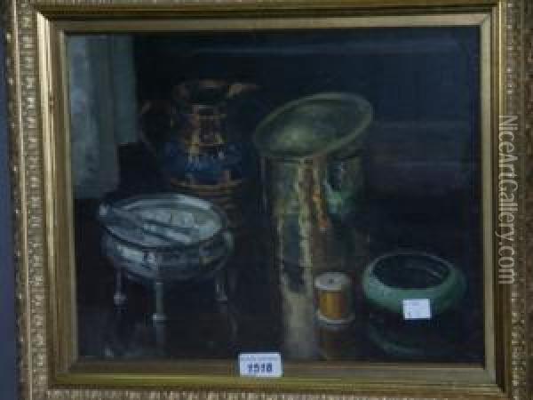 Still Life, Copper Lustre Jug, Sugar Bowl And Reel Oil Painting - Edward Hartley Mooney