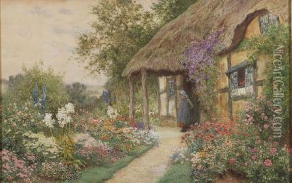 Strachen A Young Girl In A Cottage Garden Oil Painting - Arthur Claude Strachan