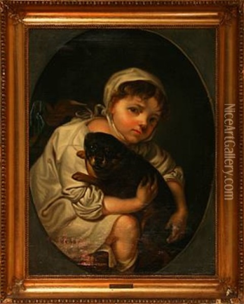 A Girl With Dog (after J.b. Greuze) Oil Painting - Hans Hansen