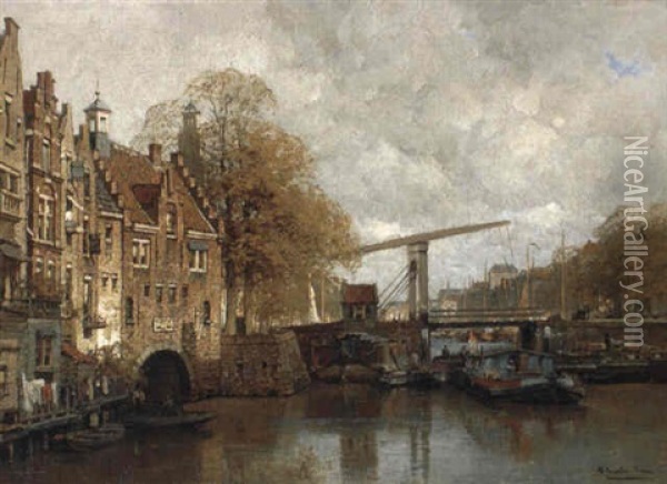 A View Of The Delfshaven, Rotterdam, With A Houseboat Oil Painting - Johannes Christiaan Karel Klinkenberg