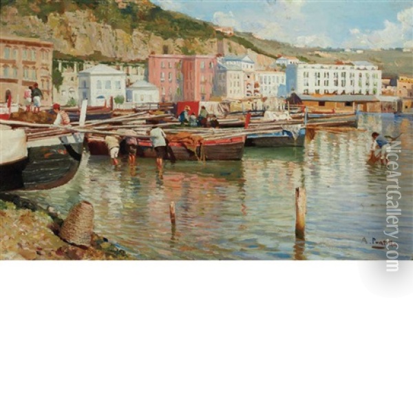 Coastal Fishing Village, Bay Of Naples Oil Painting - Attilio Pratella