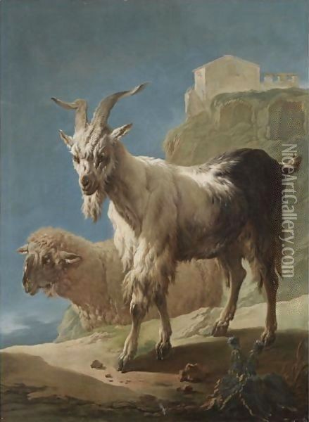 A Goat And A Sheep In An Italianate Landscape Oil Painting - Philipp Peter Roos