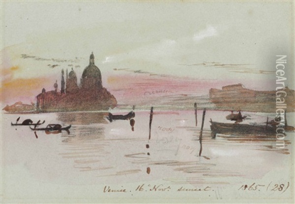 Venice: Santa Maria Del Salute, Seen From The Riva Degli Schiavoni, Sunset Oil Painting - Edward Lear