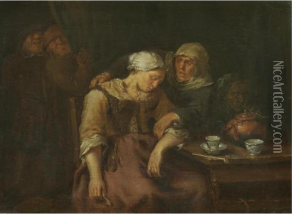 An Interior With Peasants Oil Painting - Egbert Jaspersz. van, the Elder Heemskerck