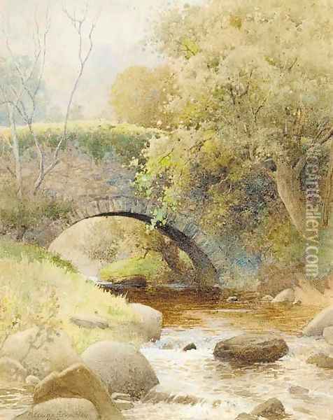 A bridge over a stream in a wooded landscape Oil Painting - Arthur Claude Strachan