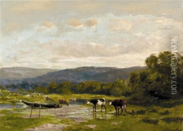 Landschaft Mit Hirtin Und Kuhherde Am Wasser Oil Painting - Clement (Charles-Henri) Quinton