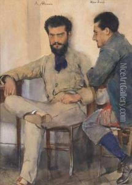 Die Maler Alessandro Altamura Und Othmar Brioschi Im Hotelpagano Auf Capri Oil Painting - Franz Skarbina