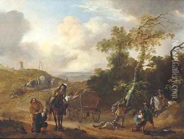 A wooded landscape with travellers ambushed on a country road Oil Painting - Thomas Wijck