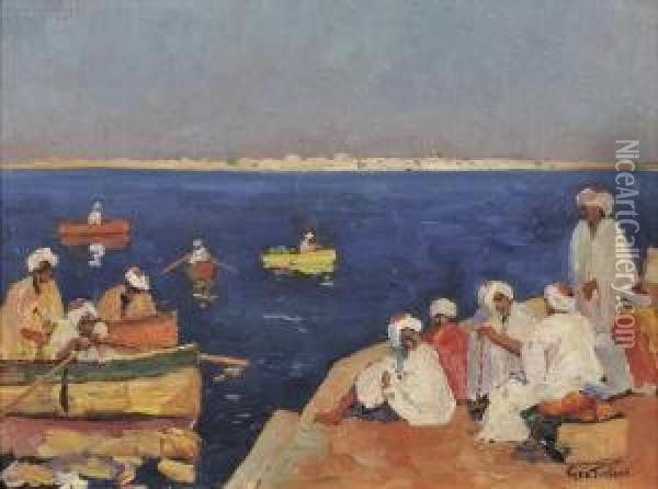 Figures By The Shore, 
Tunisia Oil Painting - George Turland