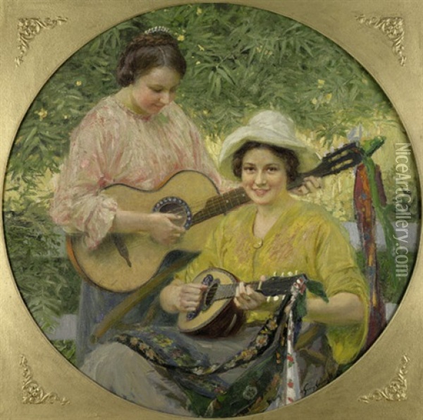 Sonnige Jugend - Franka Und Jutta Sabine In Globsow, Mit Mandoline Und Guitarre Oil Painting - Georg Ludwig Meyn