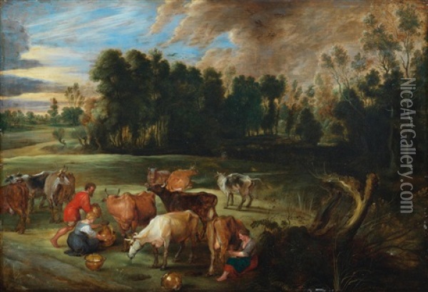 Milkmaids And A Drover With Cattle In A Landscape Oil Painting - Jan Wildens