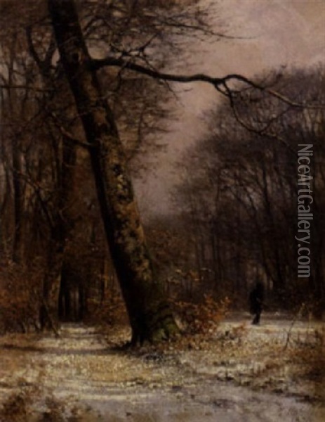 En Jaeger Pa En Skovsti, Vinter Oil Painting - Frederik Niels Martin Rohde