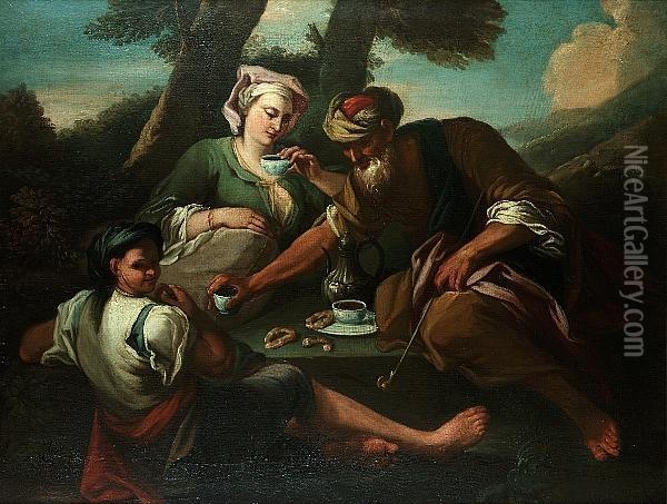 A Turk And His Family Taking Coffee In A Landscape Oil Painting - Nicolas Bertuzzi L'Anconitano