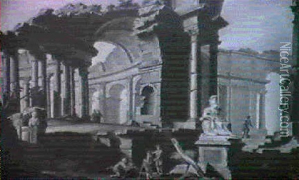 Antike Romische Ruinen Mit Einer Minerva-statue Rechts Und  Verschiedenen Staffagefiguren Oil Painting - Nikolaus Gottfried Stuber