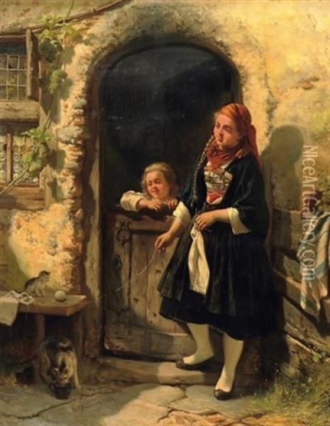 Die Musestunde. Zwei Madchen Am Hauseingang, Mit Einem Katzchen Spielend Oil Painting - Carl Wilhelm Huebner