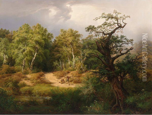 Wood Gatherers In A Forest Clearing Oil Painting - Joseph Friedrich Ehemant