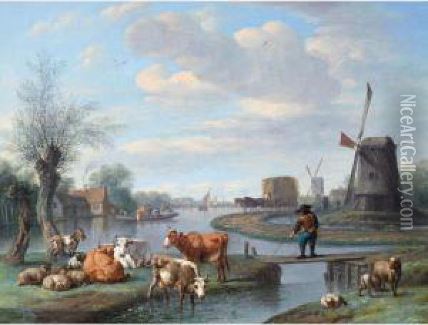 An Extensive River Landscape With Windmills And A Ferry Boat Oil Painting - Jan van Doornik
