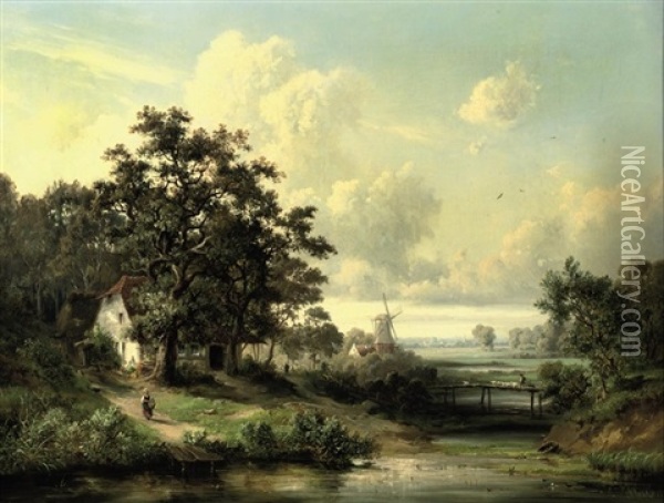 Figures In A Landscape With A Farmhouse And A Mill Oil Painting - Carl Georg Koester