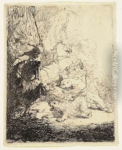 The Small Lion Hunt<</b> Oil Painting - Rembrandt Van Rijn