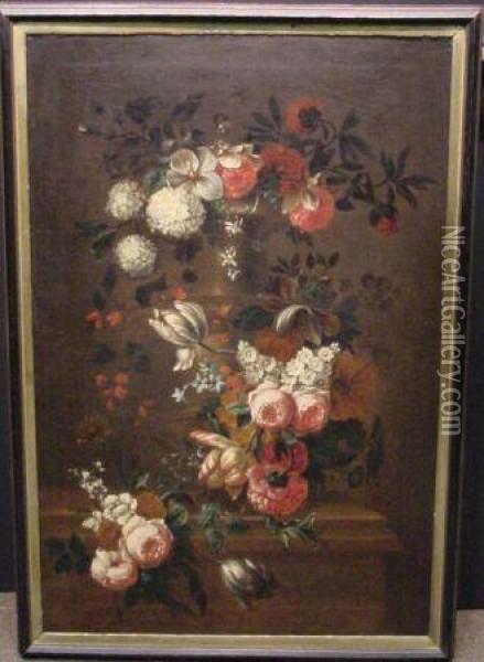 Floral Still Life With Urn On A Ledge Oil Painting - Mario Nuzzi Mario Dei Fiori